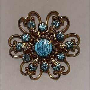 Vintage Mary Brooch 1950s Immaculate Conception Blue Rhinestone Religious